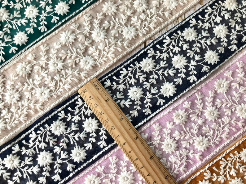 Embroidered Net Fabric Lace-Floral Fabric Trim, Wedding Dress, Sari Border, Saree Fabric, Art Quilt, Indian Trim By The Yard, Table Runner zdjęcie 2