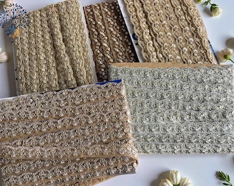 Perlenbesatz Netzstoff: Gold, Silber, Bronze Gestickte Sari Borte für Boho Kleid