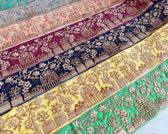 Silk Fabric Trim, Gold Embroidered Sari Border-Silk Sari Fabric, Lehenga, Dupattas, Art Quilt Silk Ribbon, Indian Fabric Table Runner