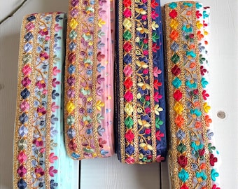 Net Fabric Trim-Multi Colour Embroidered Sari Border for DIY Dresses-Boho Skirts-Jackets-Fusion Denim