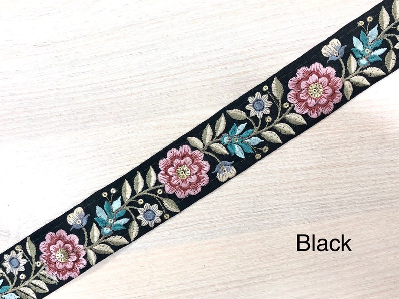 Sari Fabric Embroidered Trim, Embellishments for Boho Junk Journal, Holiday Home Decor, Boho Wedding Dress, Indian Fabric, Table Runner Black