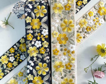 Raw Silk Embroidered Fabric Trim-2 Inch Indian Saree Border trim for Dupattas for DIY Dress-Craft-Boho Skirts-Wedding Costume