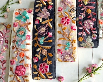 Haftowana wstążka z organzy z motywem kwiatowym, lamówka z tkaniny sari, indyjski ślub, kołdry artystyczne