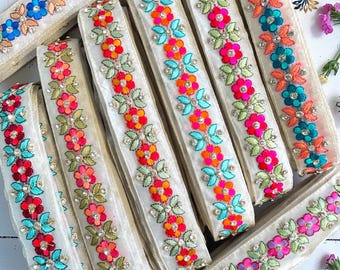 Floral Embroidered Zari Lace Trim | Multicolor Ethnic Border Ribbon | Bridal Sewing Trim | DIY Craft Decorative Lace