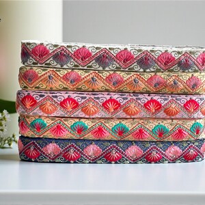 Embroidered Silk Sari Ribbon Trim - Bohemian Fabric Border for Diy crafts , wedding dress, boho skirts, fusion jackets image 2