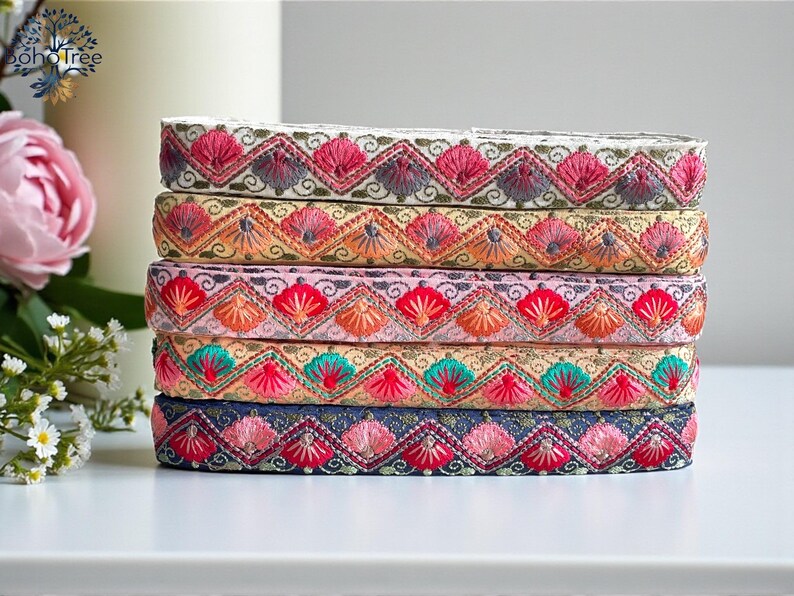 Embroidered Silk Sari Ribbon Trim - Bohemian Fabric Border for Diy crafts , wedding dress, boho skirts, fusion jackets image 2