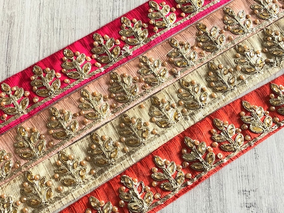 Indian Lace Trim by the Yard, Embroidered Ribbon Sari Fabric Trim-table  Runner-art Quilt Fabric Trim-silk Sari Border Trim-silk Fabric Trim 