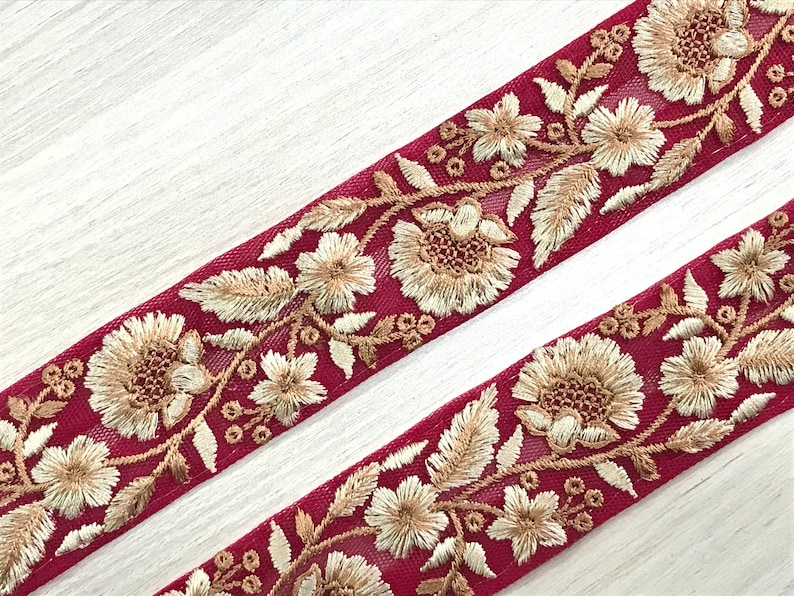 Floral Net Fabric Trim-Multi Colour Bordado Sari Borde-Seda Sari Fabric-Dupattas,Quilt Silk Ribbon-Indian Fabric-Table Runner-Lehengas Red