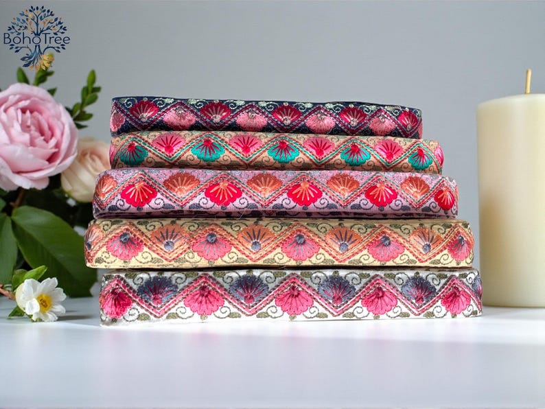 Embroidered Silk Sari Ribbon Trim - Bohemian Fabric Border for Diy crafts , wedding dress, boho skirts, fusion jackets image 13