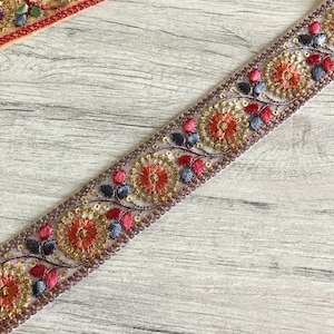 Floral Net Fabric Trim-Multi Colour Embroidered Sari Border-Silk Sari Fabric-Dupattas,Quilt Silk Ribbon-Indian Fabric-Table Runner-Lehengas Fawn