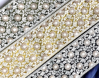Net Fabric White Embroidered Lace Trim-Silk Sari Fabric-Dupattas-Quilt Silk Ribbon-Indian Fabric-Table Runner-Lehengas
