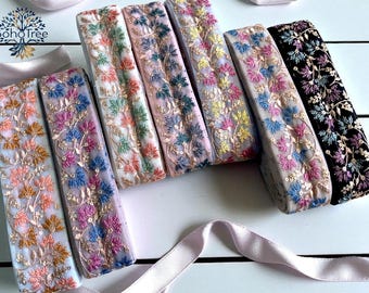 Floral Embroidered Silk Sari Trim, Multi-Color Net Fabric