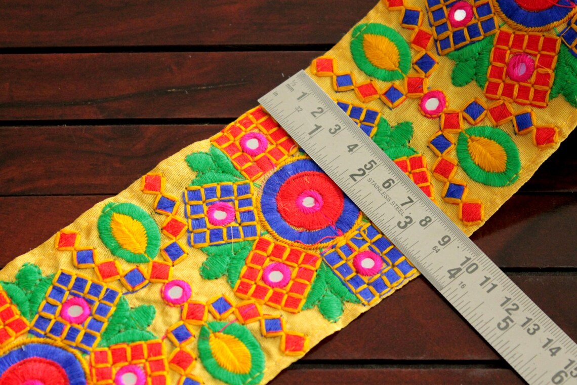 1 Yard Yellow Fabric Trimmulticolor Embroidered Floral Etsy