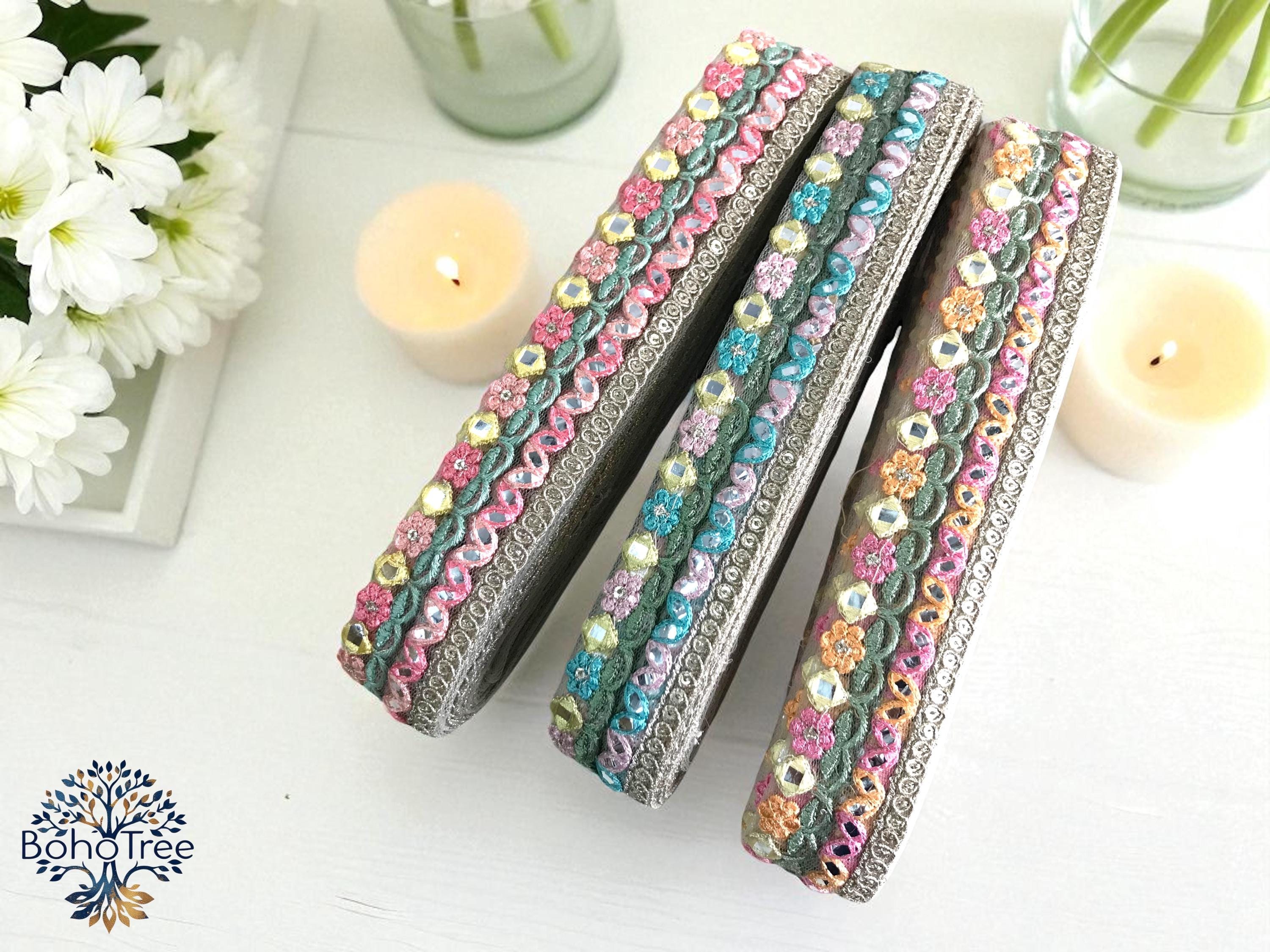 刺繍の花柄生地トリム - サリーボーダー、クレイジーキルトデザイン