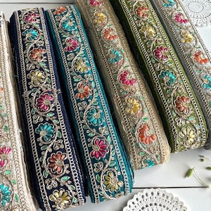 Sari Fabric Trim-Multi Colour Embroidered Saree Border for DIY Crafts-Clothing-Wedding Dress-Boho Skirts-Denim Jackets