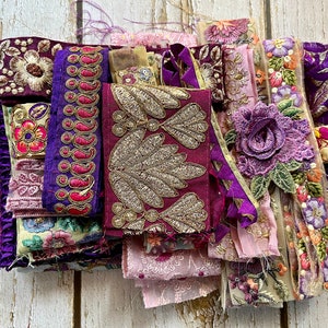 Fabric remnants, sari fabric scraps, silk fabric scraps, sari trim remnants, saree border remnants, Assorted Silk Trims for DIY Junk Journal Pink Purple