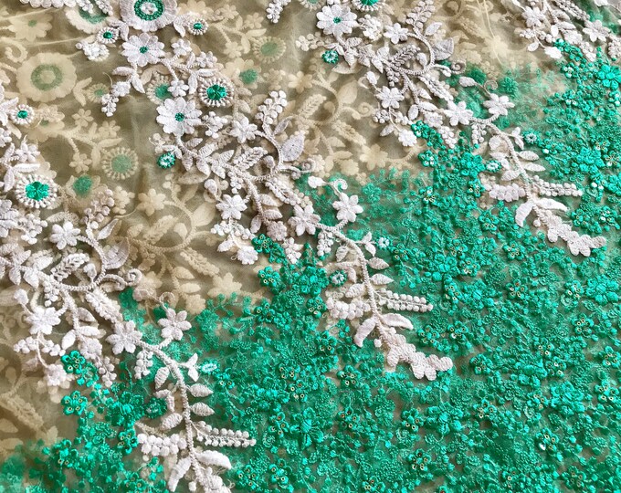 Half Yad-beige Green Embroidered Net Fabric-wedding - Etsy