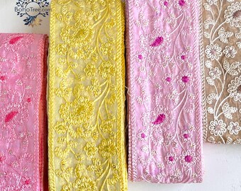 Embroidered Organza Trim-3 Inch Indian Sari Border for DIY Dress-Jackets-Skirts-Boho Fusion creation