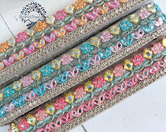 Embroidered Floral Fabric Trim - Sari Border-1.5 Inch Indian Lace for DIY Dress-Wedding costume-Boho Jackets-Fusion Skirts