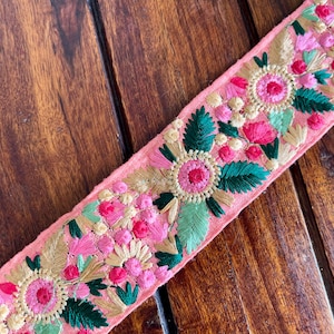 Embroidered Indian Trim By The Yard Indian Fabric Trim Sari Border Craft Ribbon Sari Fabric Trimming Sewing Tape, Costume trim Silk Ribbons Watermelon Pink