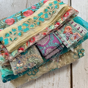 Stofresten, 5&quot;-6&quot; blauwgroen en mintgroen saristofresten, zijden stofresten, sariresten, sariresten voor Boho Junk Journal