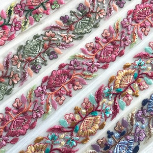 Bordure en dentelle indienne brodée par mètre, ruban brodé bordure en tissu sari-chemin de table-bordure sari en soie