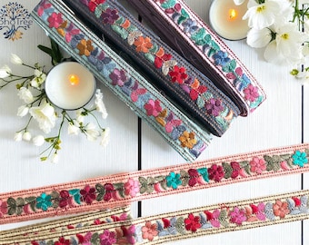 Multi-colored Bohemian Fabric Trim-Art Quilt Table Runner-Embroidered Silk Sari Ribbon Border-Silk Sari Fabric-India Fabric Trim By The Yard