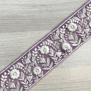 Sari Fabric Trim, White Thread Embroidered Saree Border for boho junk journals, Table Runner, Indian Textiles Fabrics Purple