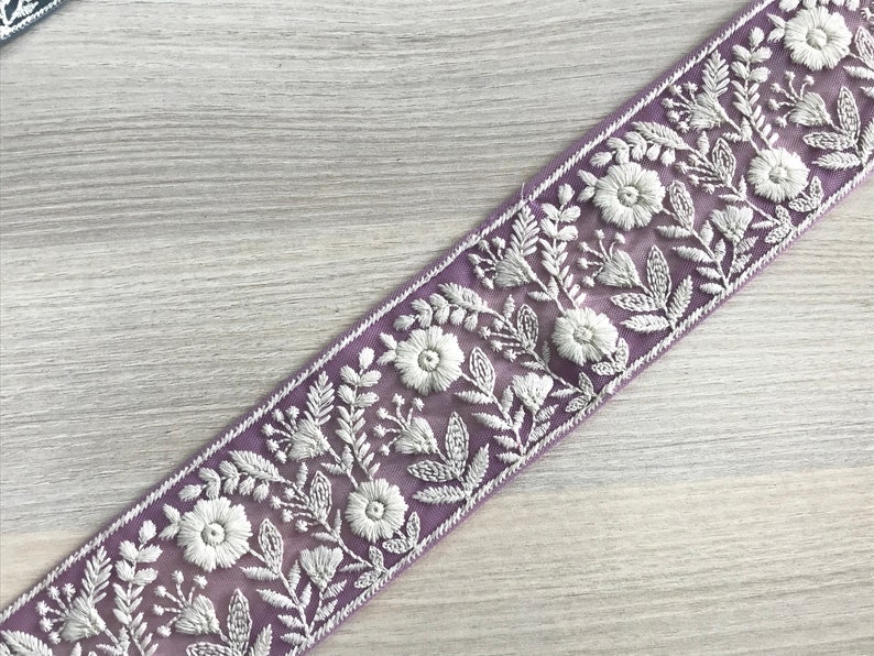 Sari Fabric Trim, White Thread Embroidered Saree Border for boho junk journals, Table Runner, Indian Textiles Fabrics Purple