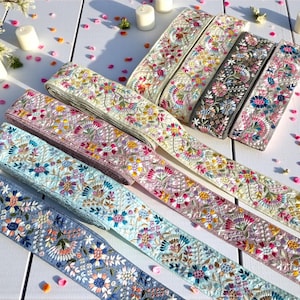 2.2 Inch-Embroidered Sari Fabric Trim-Multi Colour Embroidered Saree Border for Dupattas-boho junk journalsWedding Dress-Table Runner