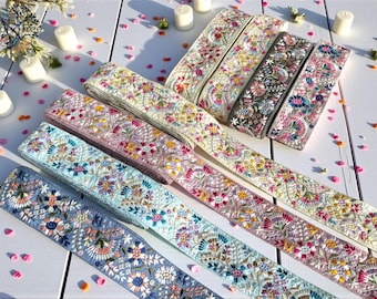 2.2 Inch-Embroidered Sari Fabric Trim-Multi Colour Embroidered Saree Border for Dupattas-boho junk journalsWedding Dress-Table Runner