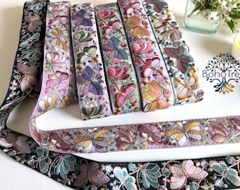 Sari Fabric Trim-Multi Colour Embroidered Saree Border for Dupattas, Art Quilt Ribbon, boho junk journals, Indian Fabric-Table Runner