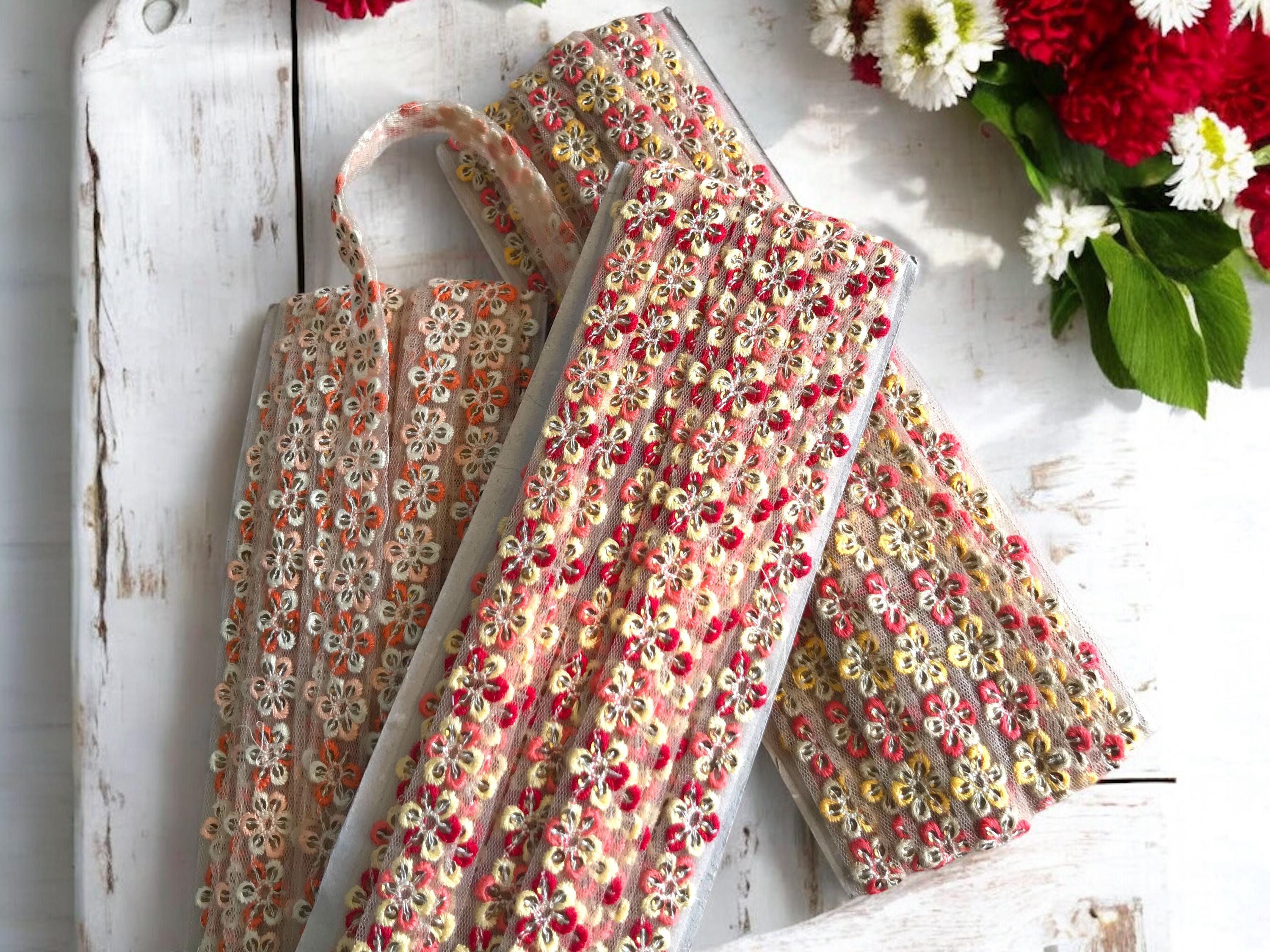 花柄刺繍ネット生地トリム、マルチカラーサリーボーダー - Etsy 日本