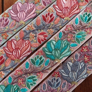 Floral Fabric Trim-Multi Colour Embroidered Sari Border-Silk Sari Fabric-Dupattas,Quilt Silk Ribbon-Indian Fabric-Table Runner-Lehengas