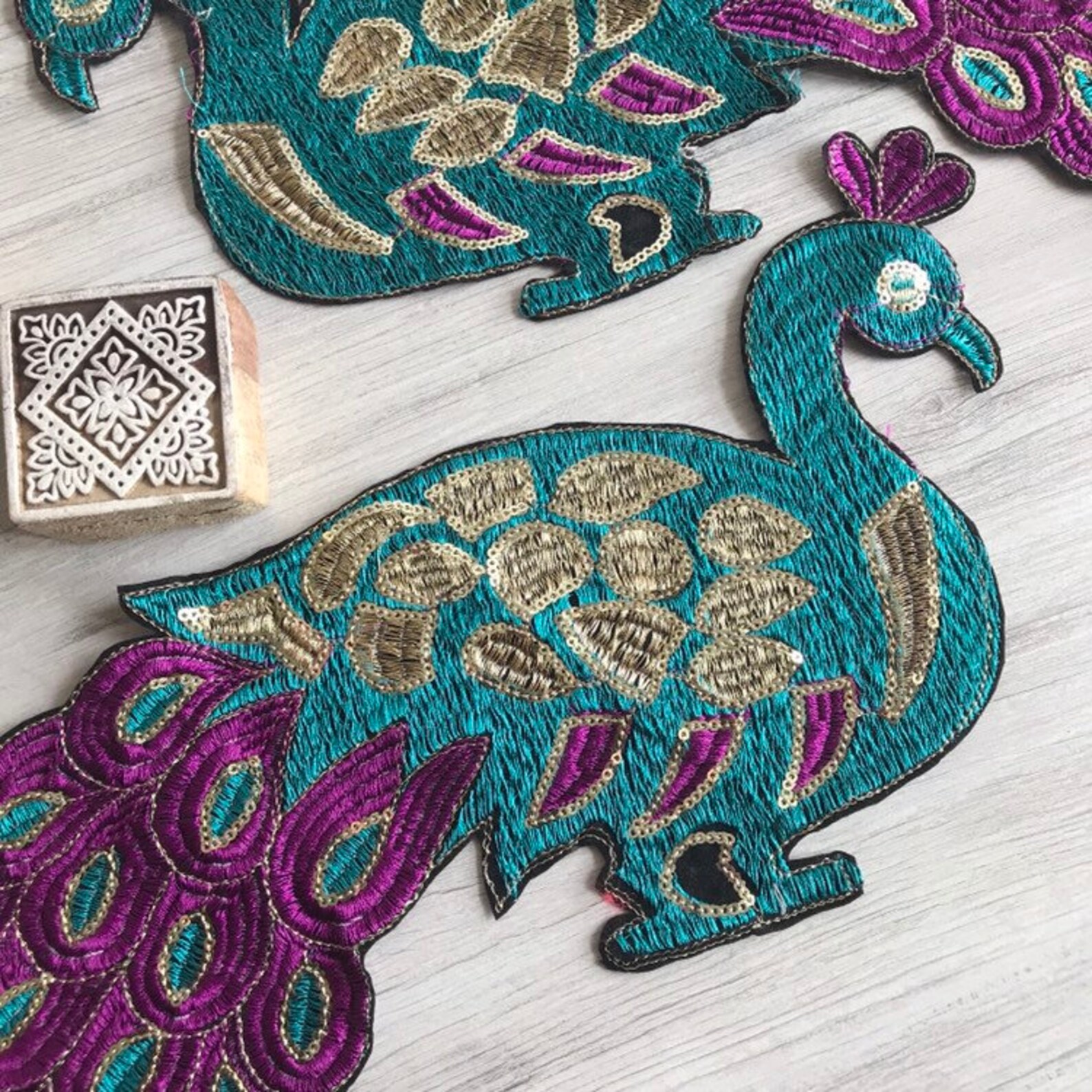 Pair of Large Beautiful Peacock Fabric AppliqueMulticolored Etsy