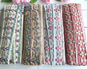 Indyjska koronkowa lamówka cięta na wymiar, haftowana wstążka, lamówka z tkaniny Sari - bieżnik stołowy - lamówka z tkaniny Art Quilt - lamówka z jedwabiu Sari - lamówka z tkaniny jedwabnej