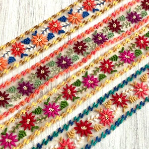 Net Fabric Ribbon Multicolored Embroidered Trim, Saree Border, Sari Fabric Trim, Lehengas, Dupatta, Art Quilt, Table Runner, Indian Textiles