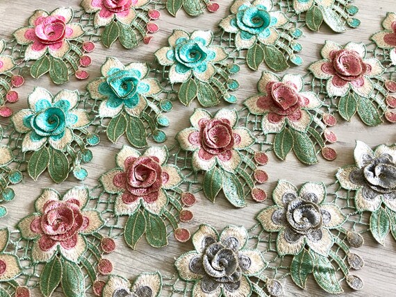 Floral Fabric Trim Multi Color Geborduurde Cut Work Lace Silk Sari