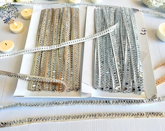 Golden Fabric Trim with Real Mirrors, Embroidered Saree Border-Silk Sari Fabric-Dupatta Silk Ribbon-Indian Table Runner-Lehenga