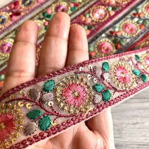 Floral Net Fabric Trim-Multi Colour Embroidered Sari Border-Silk Sari Fabric-Dupattas,Quilt Silk Ribbon-Indian Fabric-Table Runner-Lehengas image 3