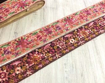 1 Yard Floral Design Fabric Trim, Embroidered Designer Trim-Sari Border Saree BorderSilk Fabric Trim-Crazy Quilt Fabric Trim By The Yard