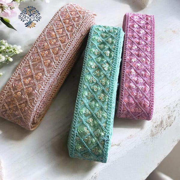 Bestickte Pailletten Organza Bänder, Sari Stoffe, Borte aus Indien