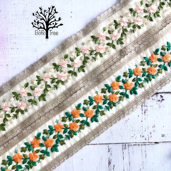 Beige Organza Fabric Trim-Multi Colour Embroidered Real Mirror Sari Border-Silk Sari Fabric-Dupatta Silk Ribbon-Indian Table Runner-Lehenga