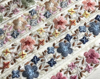 Beige Organza Fabric Trim, Embroidered Trim, Multi-coloured Thread Sari Border-Indian Designs Sequinned Trims-Crazy Quilts Silk Fabric Trim