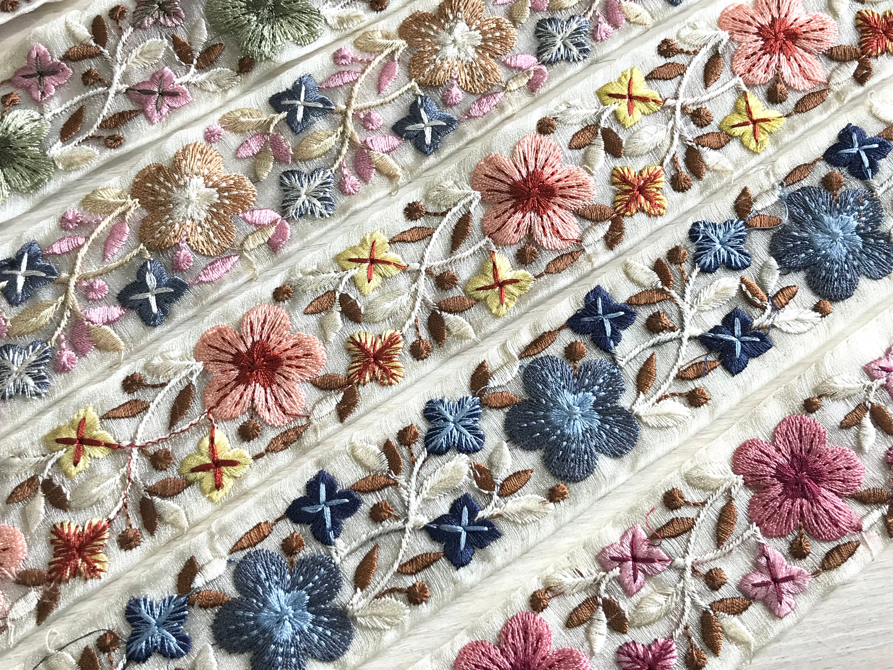 Beige Organza Fabric Trim, Embroidered Trim, Multi-coloured Thread Sari Border-Indian Designs Sequinned Trims-Crazy Quilts Silk Fabric Trim