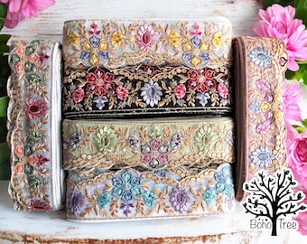Floral Embroidered Sari Border Trim, Indian Silk Ribbon