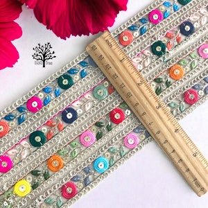 Cinta de adorno de tela de red bordada para ropa boho, vestido de novia, borde sari, borde sari, encaje de tela bordado- Corredor de mesa