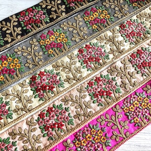 Floral Fabric Trim-Multi Colour Embroidered Sari Border-Silk Sari Fabric-Dupattas,Quilt Silk Ribbon-Indian Fabric-Table Runner-Lehengas