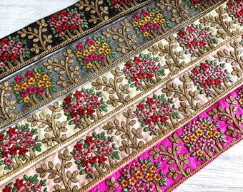 Floral Fabric Trim-Multi Colour Embroidered Sari Border-Silk Sari Fabric-Dupattas,Quilt Silk Ribbon-Indian Fabric-Table Runner-Lehengas