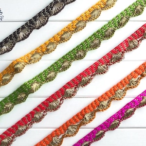 Holiday Decoration Pom Pom Trim, Indian Lace, Saree Border, Pearls Trim, Hand Crocheted Scallops, Art Quilt Trim, Multi colored Beaded trim